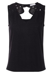 Top sans manches noir avec un décolleté en V et un détail de dentelle délicate aux épaules. Confectionné dans un tissu texturé avec une coupe décontractée.