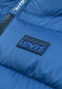 Blå puffjakke-seksjon med et svart Levi's-logo-lapp, glatt, skinnende stoff og horisontal quiltet mønster med glidelås.