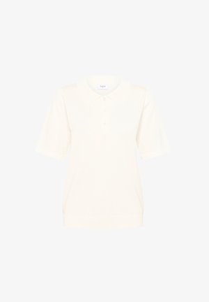 Bela majica s kratkimi rokavi polo iz lahkotnega materiala, z klasičnim ovratnikom, tri gumbi na zaponki in ribanim robom.