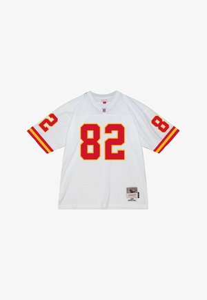 White jersey with red and yellow accents, featuring the number 82. Short sleeves have contrasting stripes, with a tag on the lower front.