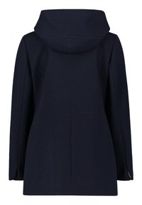 Marineblauer Kapuzenmantel aus strukturiertem Stoff, mit strukturiertem Schnitt und seitlichen Schlitzen. Einfaches Design mit Nahtdetails und einem sauberen Finish.