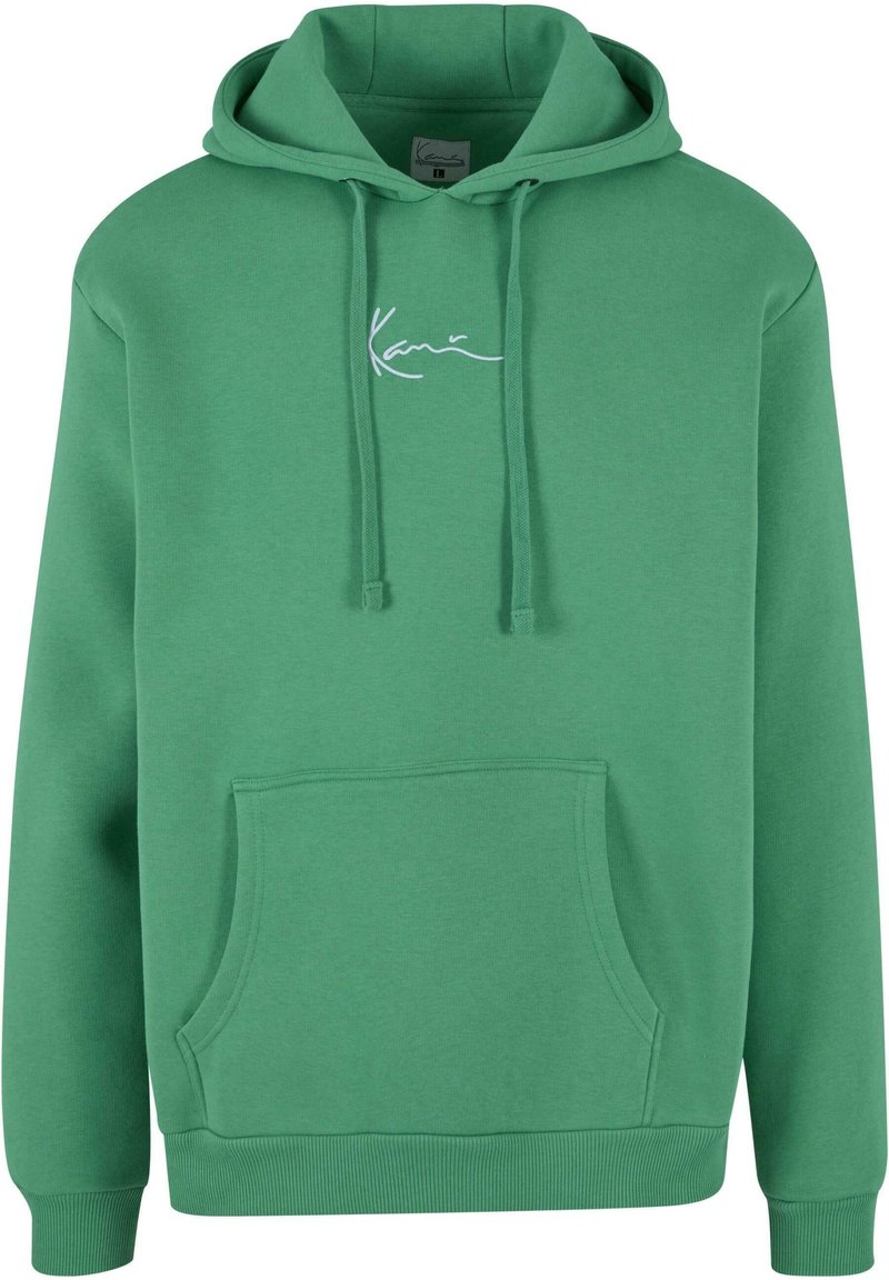 Felpa verde con cappuccio, dotata di una tasca frontale e lacci. Presenta un logo bianco ricamato sul petto e polsini a coste.