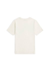 Svetlobéžové bavlnené tričko, krátke rukávy, okrúhly výstrih, hladká textúra, jednoduchý dizajn bez grafických detailov, zobrazené zozadu.