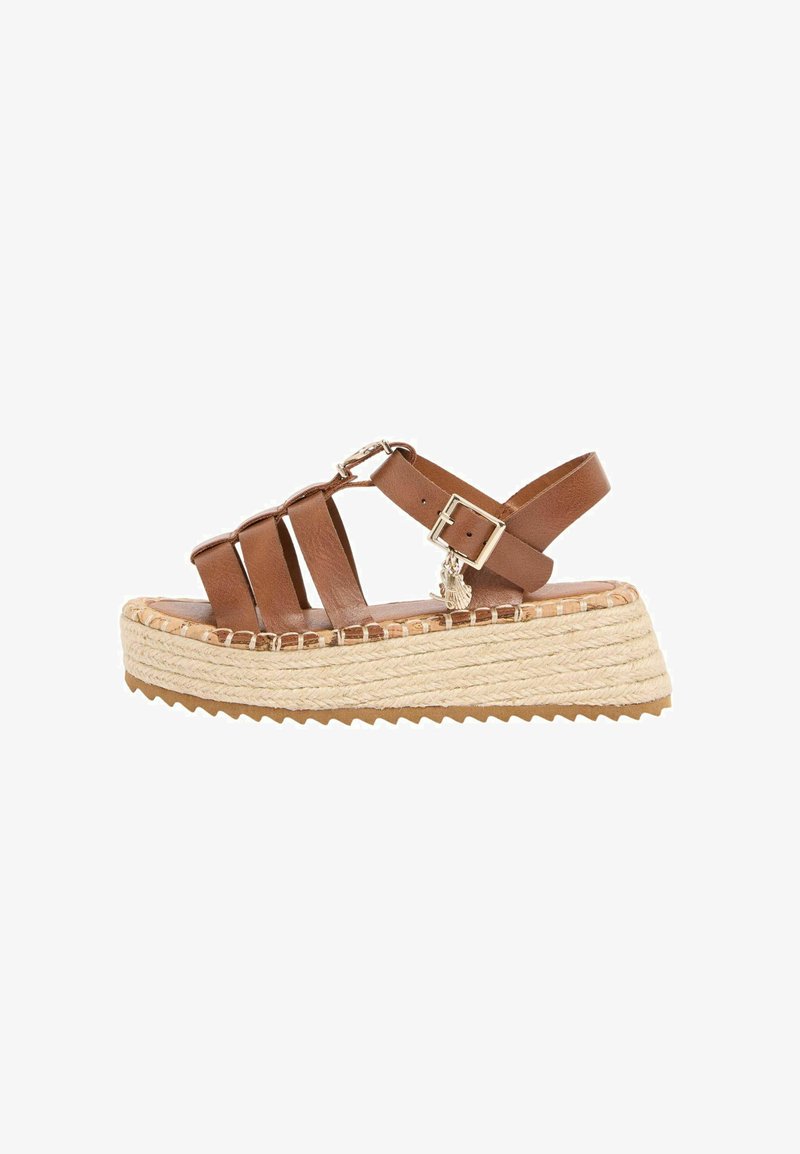 Braune Leder-Sandale mit Riemchen, Schnallenverschluss und geflochtenem Espadrille-Plateau.