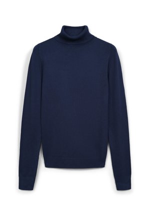 Pull à col roulé bleu marine à manches longues avec col, poignets et ourlet côtelés, posé à plat sur un fond blanc.
