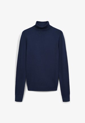 Pull à col roulé bleu marine à manches longues avec col, poignets et ourlet côtelés, posé à plat sur un fond blanc.
