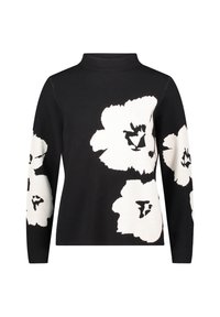 Czarny sweter z długim rękawem i wysokim kołnierzem, ozdobiony dużymi białymi wzorami kwiatowymi na przodzie i rękawach.