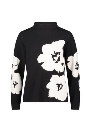 Czarny sweter z długim rękawem i wysokim kołnierzem, ozdobiony dużymi białymi wzorami kwiatowymi na przodzie i rękawach.