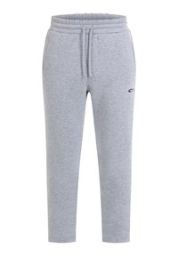 Hellgraue Sweatpants aus einem weichen Material, ausgestattet mit einem elastischen Bund mit Kordelzug, zwei seitlichen Taschen und einem kleinen schwarzen Logo.