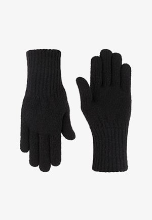 Schwarze gestrickte Handschuhe mit gerippten Bündchen, die eine glatte Textur und ein klassisches Fünf-Finger-Design aufweisen, geeignet für den Einsatz bei kaltem Wetter.