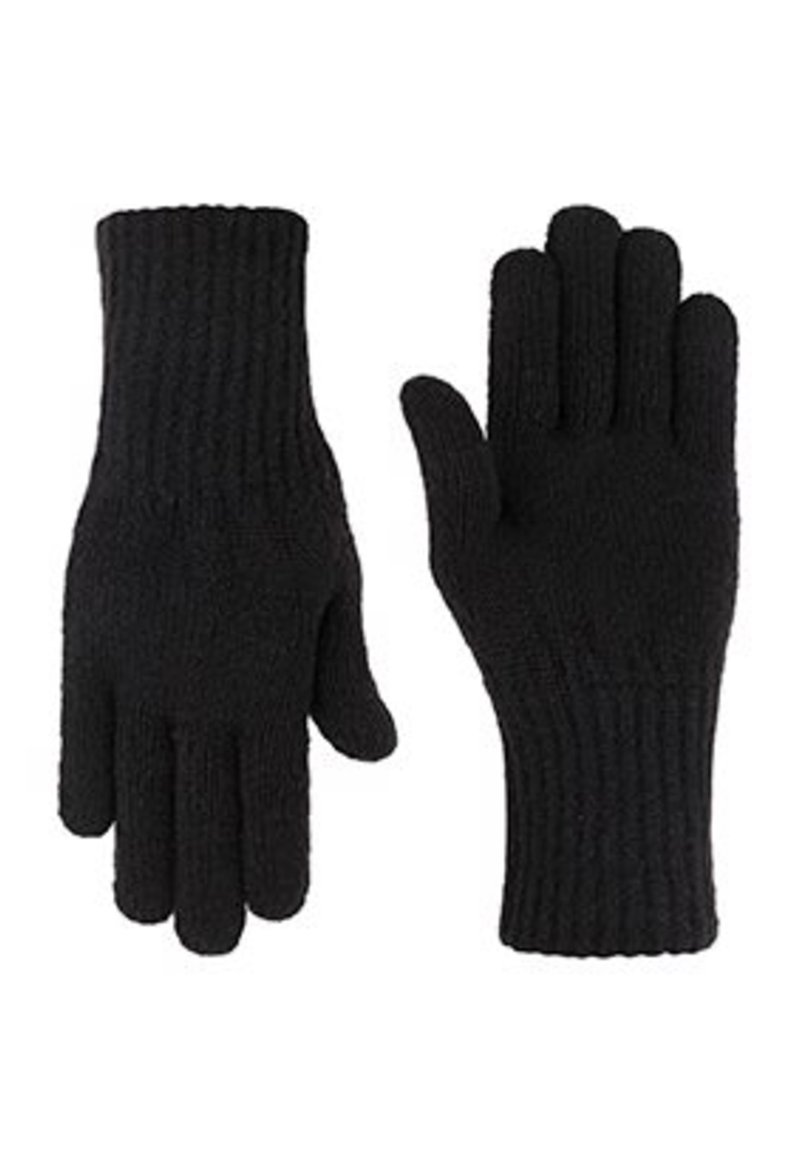 Zwarte gebreide handschoenen met geribde manchetten, met een soepele textuur en een standaard vijfvingerontwerp, geschikt voor gebruik in koude weersomstandigheden.