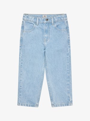 Lyseblå høytlivs denimjeans med fremre lommer, beltehemper, knappelukking og rette, avkortede ben.