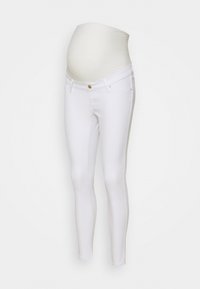 Valkoiset äitiysfarkut, joissa on joustava ja tukeva vyötärö, kapea istuvuus ja klassinen viisi-taskuinen muotoilu yhdellä kullanvärisellä napilla.