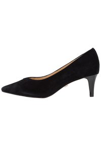 Chaussure à talon haut en daim noir avec un bout pointu et un talon bas brillant. Le design présente une texture lisse et une silhouette courbée.