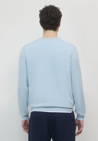 Hellblaues Sweatshirt mit langen Ärmeln, gerippten Bündchen und Saum, aus weichem, strukturiertem Stoff. Schlichter Rundhalsausschnitt, keine sichtbaren Muster oder Akzente.