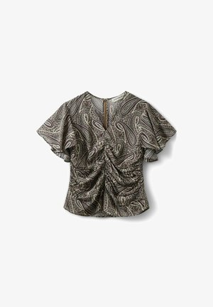 Lühikeste varrukatega pluus kogutud ees, V-kaelusega ja pruunide paisleymustritega heledal taustal, esitletud tasapinnal tagumise lukuosaga.