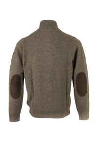 Bruine gebreide trui met een hoge kraag, geribbelde manchetten en donkerbruine elleboogstukken. Gladde textuur, aansluitende stijl en klassiek ontwerp.