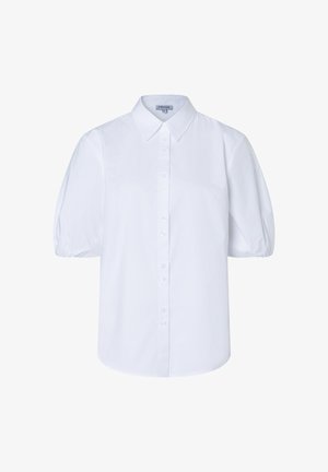 Weiße Kurzarmbluse mit Puffärmeln, spitzem Kragen und Knopfleiste vorne.