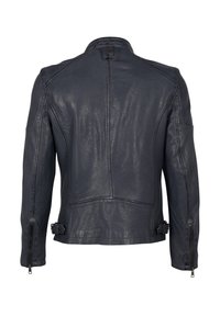 Giacca da moto in pelle blu navy con collo alto, polsini con zip e fibbie laterali. Presenta una texture liscia e cuciture strutturate.