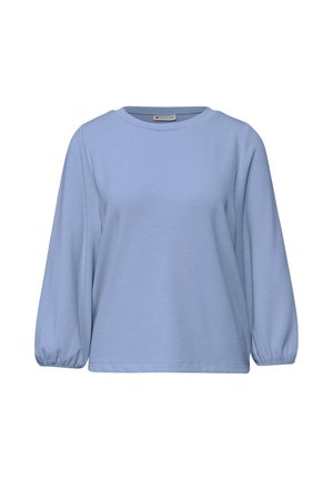 Jasnoniebieska bluzka z długim rękawem wykonana z miękkiego materiału. Posiada okrągły dekolt oraz marszczone rękawy z elastycznymi mankietami. Prosty, nieozdobiony fason.