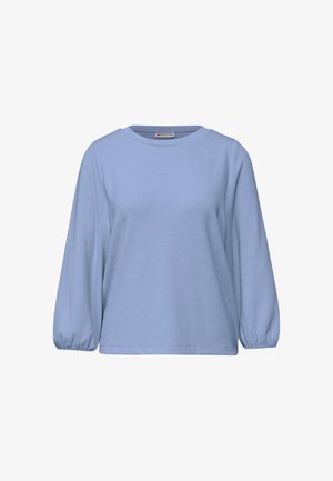 Jasnoniebieska bluzka z długim rękawem wykonana z miękkiego materiału. Posiada okrągły dekolt oraz marszczone rękawy z elastycznymi mankietami. Prosty, nieozdobiony fason.