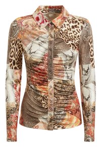 Langärmliges Hemd zum Knöpfen mit einem bunten, gemischten Muster aus Tierdrucken und floralen Designs. Weicher, dehnbarer Stoff mit gerafften Details.