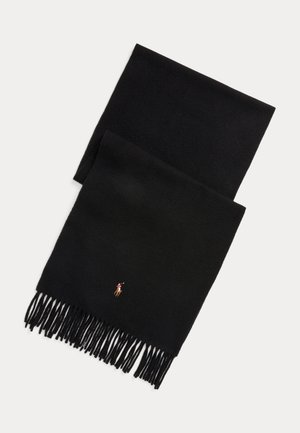 Black wool scarf with fringed ends and small embroidered logo of a polo player in red and tan thread.