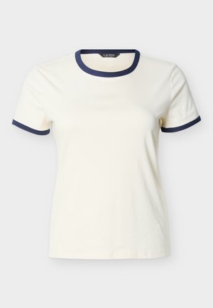 Κοντομάνικο κρεμ μπλουζάκι με navy μπλε περίγραμμα στο γιακά και στις μανσέτες, παρουσιάζεται σε απλό λευκό φόντο.