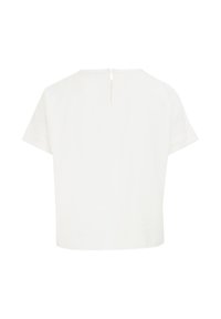 White short-sleeve top with a round neckline and a small back zipper. Made of textured fabric, featuring a loose fit and cropped design.