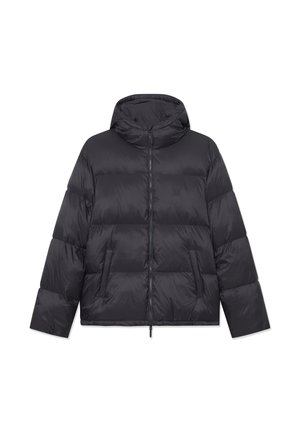 Puffermantel aus schwarzem Nylon, mit Kapuze, Reißverschluss und zwei Fronttaschen, verfügt über ein gestepptes Muster und eine strukturierten, gepolsterten Oberfläche.