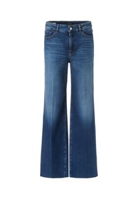 Wide-leg, blue denim jeans with a mid-rise waist. Features a faded wash, five pockets, and metal button and zipper closure.