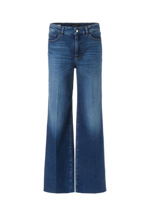 Wide-leg, blue denim jeans with a mid-rise waist. Features a faded wash, five pockets, and metal button and zipper closure.