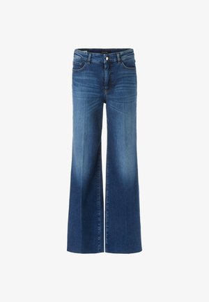 Weite, blaue Denim-Jeans mit mittelhoher Taille. Merkmale sind ein ausgewaschener Look, fünf Taschen sowie ein Metallknopf- und Reißverschluss.