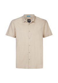 Korte mouwen beige shirt van licht materiaal met een kraag, knoopsluiting en een relaxte pasvorm. Inclusief een klein blauw merklabel.