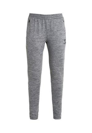 Grijze taps toelopende joggingbroek met elastische tailleband, zijzakken met ritsen en klein zwart logo op het bovenbeen.