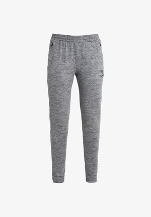 Grijze taps toelopende joggingbroek met elastische tailleband, zijzakken met ritsen en klein zwart logo op het bovenbeen.