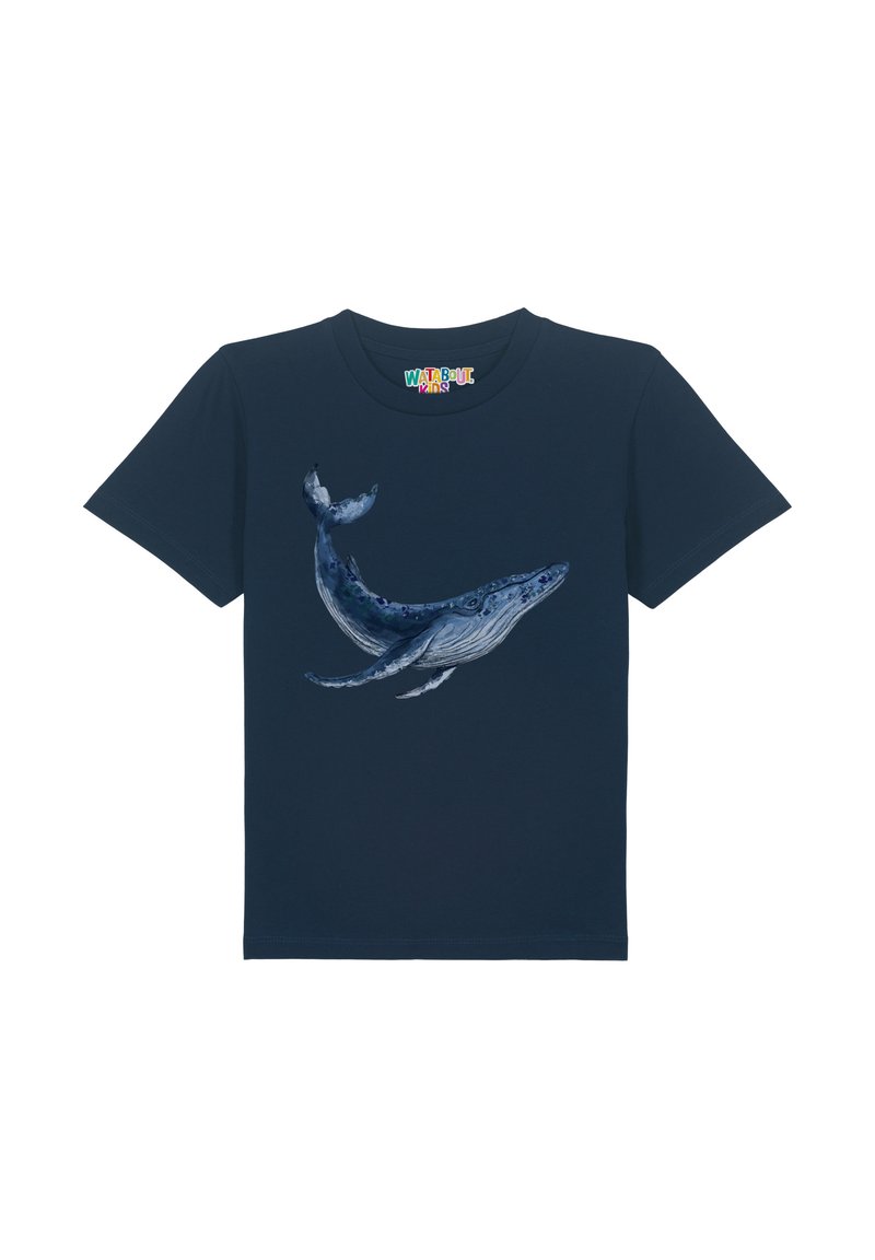 T-shirt en coton bleu marine avec un graphique détaillé d'une baleine dans des nuances de bleu et de gris, centré à l'avant. Conception à col rond.