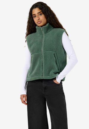 Femme aux longs cheveux foncés portant un gilet polaire vert zippé sur une chemise blanche à manches longues et un pantalon noir, debout avec une main dans la poche.