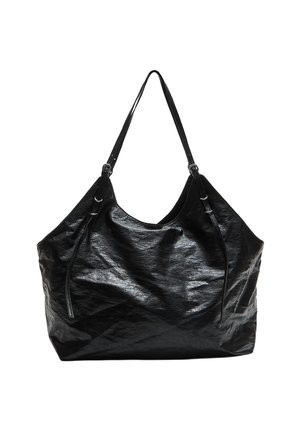 Black shoulder bag made from shiny, textured material. Features two sturdy handles and a slouchy shape. No visible hardware or accents.