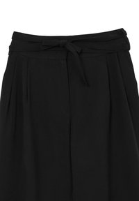 Pantalons noirs avec taille nouée et design pliss�é. Fabriqués dans un tissu lisse avec une coupe structurée, comportant des poches latérales et un style minimaliste.