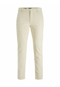 Pantaloni in corduroy beige con righe verticali, slim fit, chiusura con zip e bottone. Presentano tasche anteriori e orlo pulito alla caviglia.