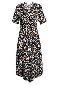 Snurrklänning i lättviktsmaterial, med ett svart, vitt och brunt leopardmönster, korta ärmar och en flödande nederkant.