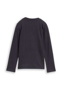 Langarmshirt aus dunkelgrauer Baumwolle, mit Rundhalsausschnitt und einem schlichten Design ohne sichtbare Muster oder Akzente. Saubere, glatte Textur.