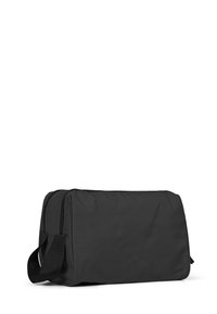 Borsa rettangolare nera realizzata in tessuto resistente, dotata di chiusura con zip e di una maniglia laterale per un facile trasporto. Texture liscia, design minimalista.