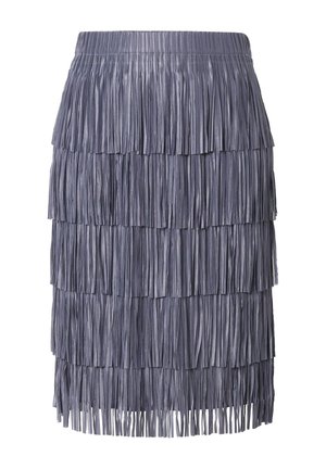 Gonna a frange di colore grigio scuro realizzata in materiale a strati e lucido. Il design presenta lunghe frange uniformi che si sviluppano in livelli.