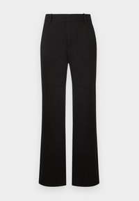 Pantalones negros de pierna recta hechos de tela suave, con una pretina de talle medio y sin patrones visibles ni detalles metálicos.