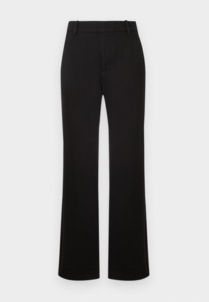 Pantalon noir à jambes droites en tissu lisse, avec une taille mi-haute et sans motifs ni détails métalliques visibles.