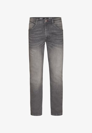 Gray denim jeans with a faded finish, straight leg design, five-pocket styling, and a button-fly closure. Features subtle whiskering.
