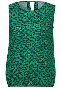 Hihaton toppi, jossa on vihreä kukkakuosi tummalla taustalla, teksturoitu kangas, avainreikäkaula-aukko ja hieman poimutuksia helmassa.