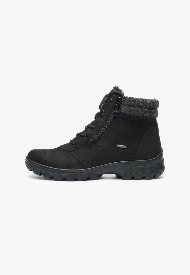 Black waterproof ankle boot with side zipper, lace-up front, textured sole, and gray padded collar for warmth and comfort.